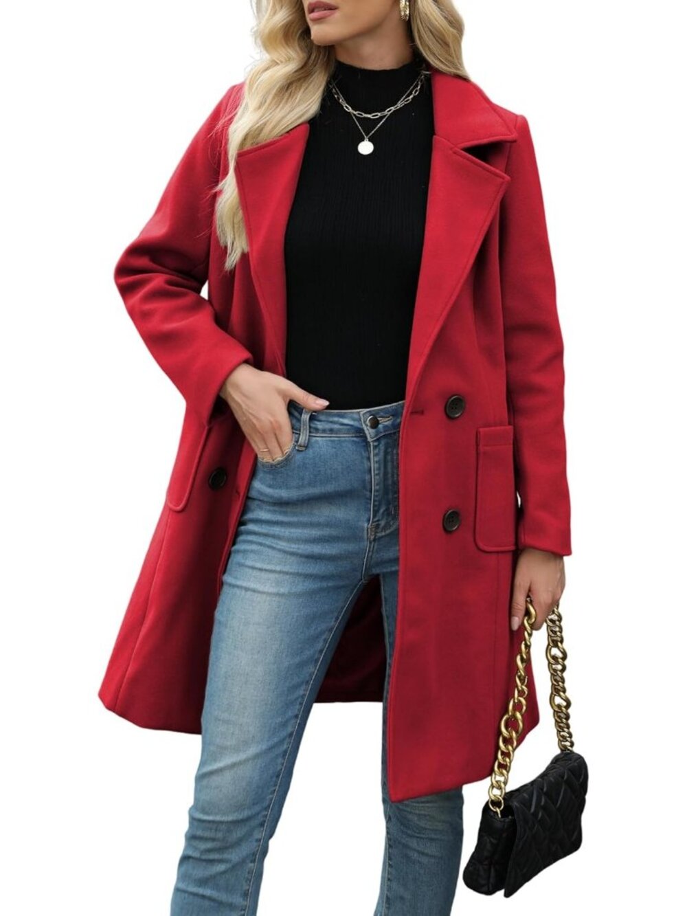 Women's Burgundy Chic Wool Blend Mid-Long Notch Double-Breasted Trench Pea Coat